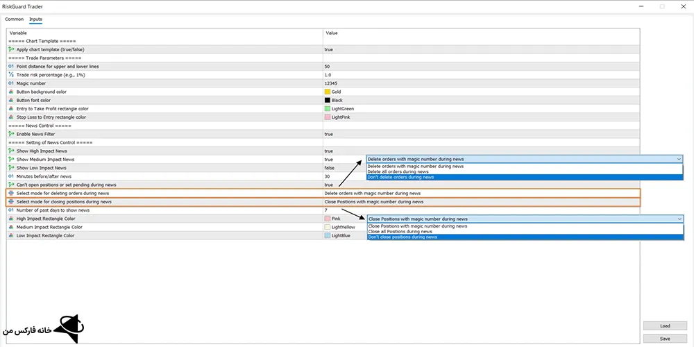 صفحه Inputs اکسپرتRiskGuard Trader